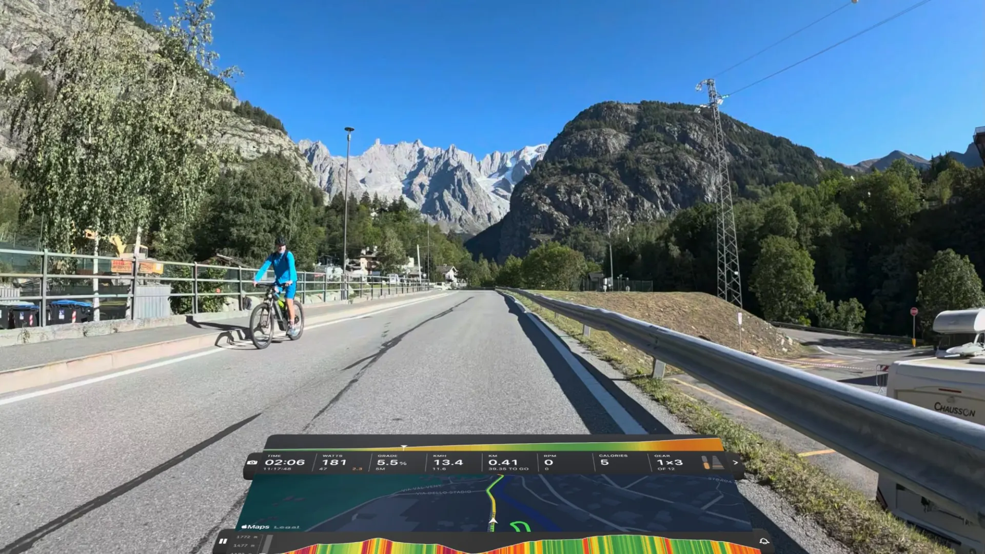 The Vieta bike computer over an alpine road: time, watts, grade, speed, distance, cadence, calories and gear, the map and the elevation profile